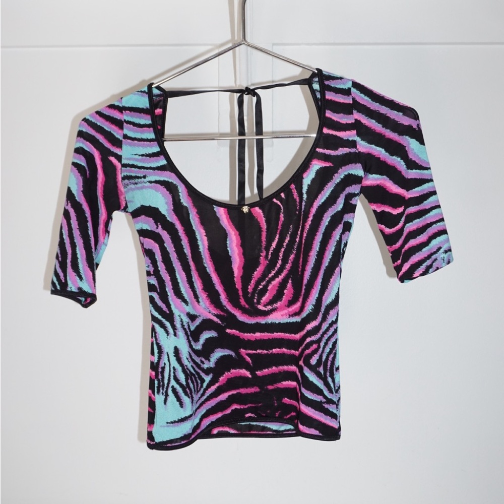 VERSACE ANIMAL PRINT ZEBRA Y2K PINK BLUE TOP WITH OPEN BACK AND BOW